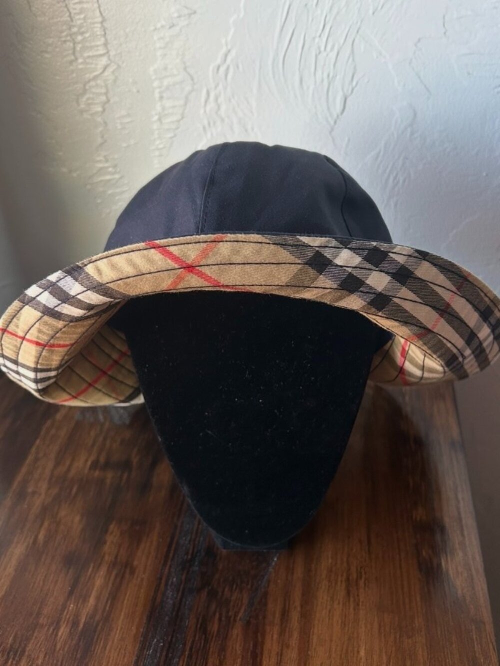 Vintage Burberrys' London Check Brim & Navy Sun Hat, Brim is longer in Back
